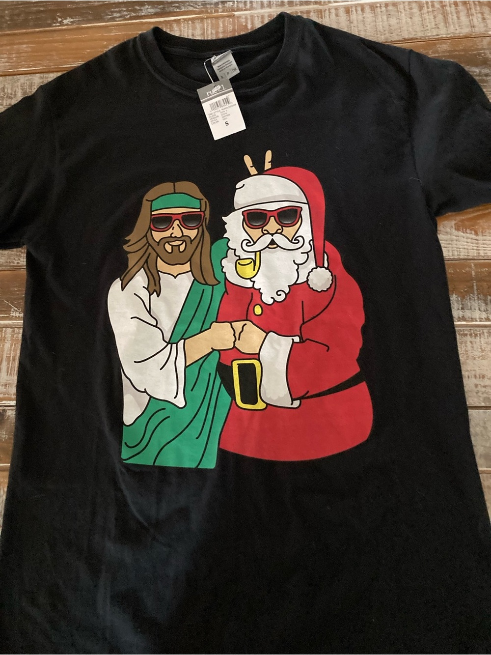 Rue21 Black Graphic Tee with Red Santa and Green-Robed Figure